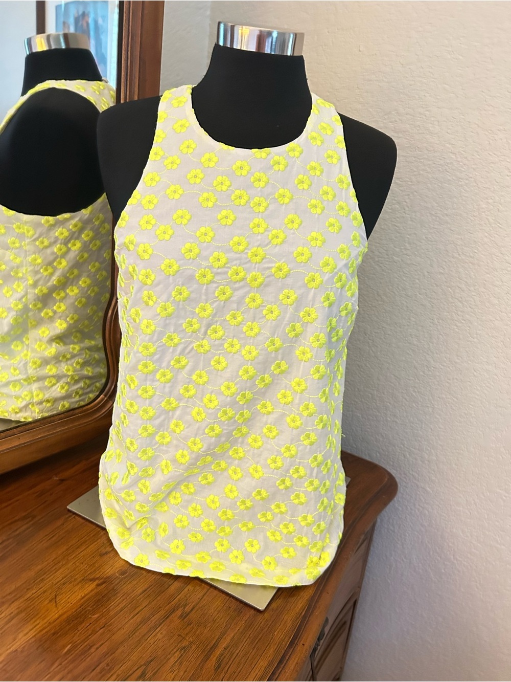 J. Crew sleeveless top with embroidered neon yellow flowers. Size 2